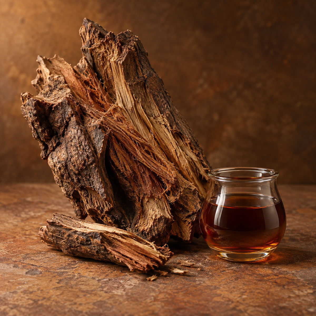 Fibrous botanical root and bark beside a concentrated amber extract on a warm mineral background.