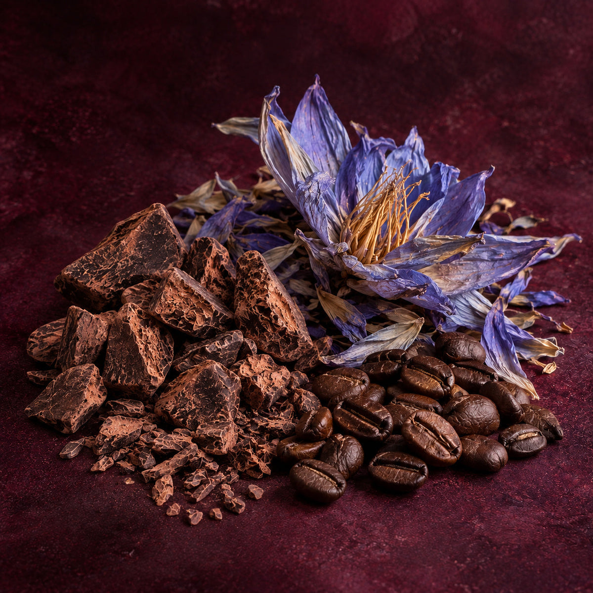 Cacao chunks, dried Blue Lotus tea and roasted coffee beans arranged on a deep burgundy background.