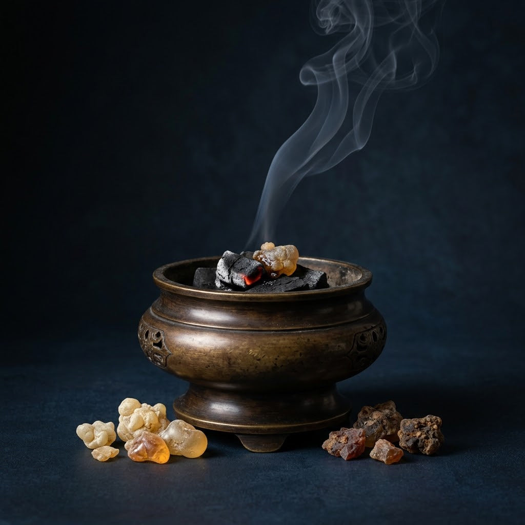 Aged bronze censer with glowing resin, natural incense resins and a fine smoke plume on deep indigo.
