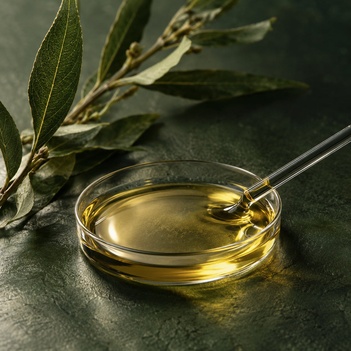 Golden botanical oil in a shallow clear glass dish with an aromatic leafy branch on deep botanical green.