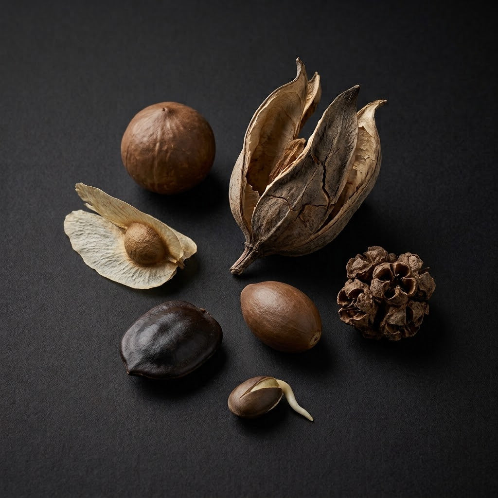 Rare and ethnobotanical seeds with a dried seed pod and subtle germinating seed on a dark botanical background.