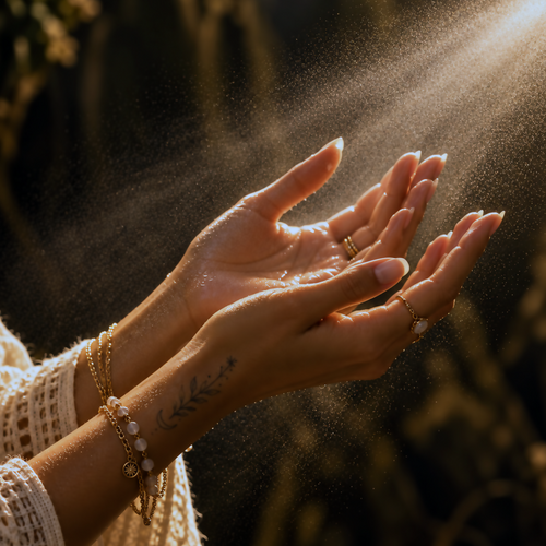 Agua de Florida ceremonial cologne — graceful female hands receiving a fine aromatic mist, with delicate gold jewellery, small botanical tattoo and cream natural-fibre sleeves in warm studio light