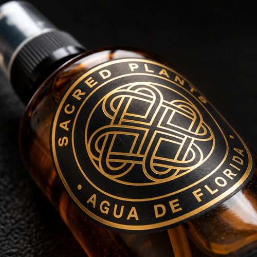 Agua de Florida ceremonial cologne amber glass spray bottle lying diagonally against a dark surface, with circular black label and reflective gold Sacred Plants Australia emblem in extreme macro