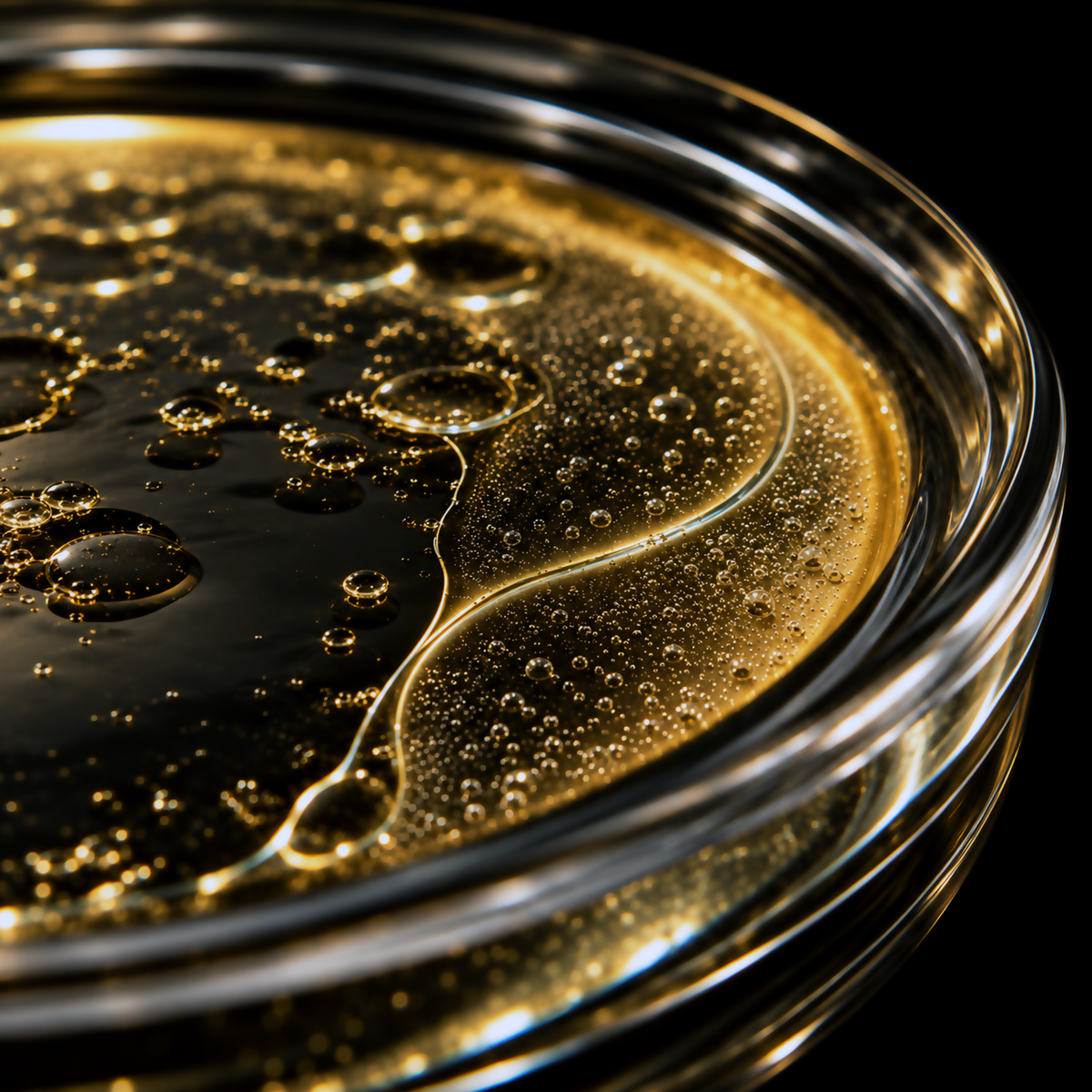 Agua de Florida ceremonial cologne — extreme macro of warm golden aromatic liquid and fine droplets with sweeping curved glass against a black studio background