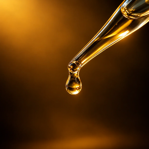 Agua de Florida ceremonial cologne, clear glass pipette entering from the upper right with a suspended golden droplet against an amber-black background
