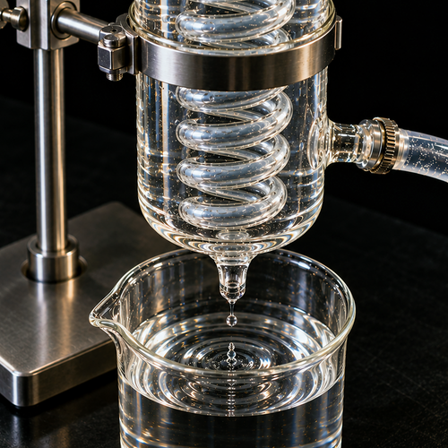 Australian Lemon Myrtle Hydrosol glass spiral condenser dripping into an unmarked borosilicate beaker, ultra macro studio photograph