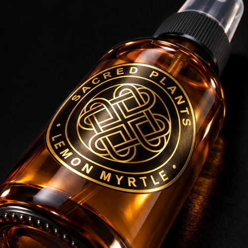Australian Lemon Myrtle Hydrosol amber spray bottle with highly reflective gold foil Sacred Plants Australia label on black, extreme macro photograph