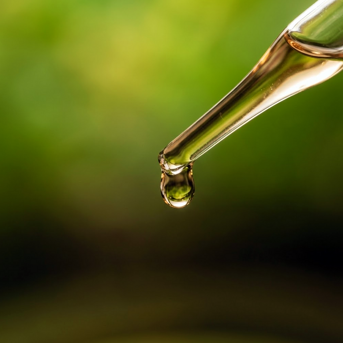 Australian Lemon Myrtle Hydrosol, clear droplet on a glass pipette entering from the upper right against a softly blurred green background