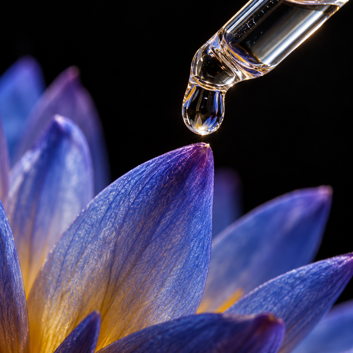 Blue Lotus Hydrosol clear droplet suspended above a blue lotus petal in a dark studio macro photograph