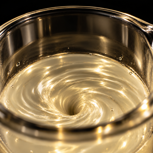Pale golden resin-infused oil swirling in a glass vessel against a dark background