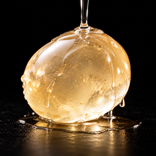 Golden Chios mastic resin infused oil with a glass dropper against a black background