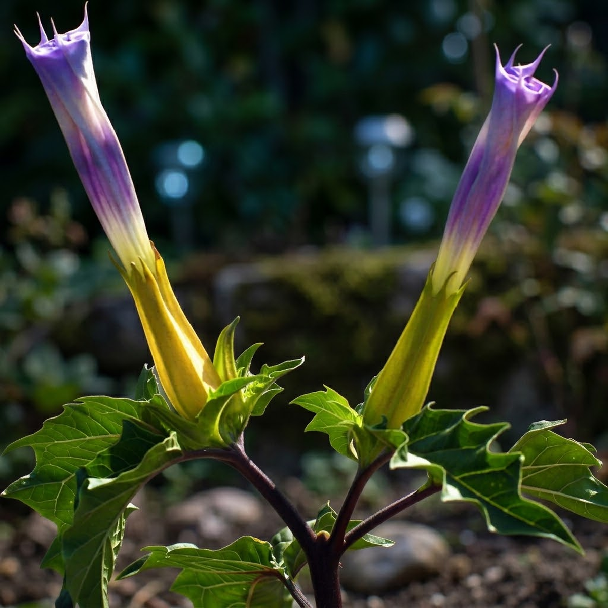 Jimsonweed Datura stramonium twin purple trumpet flowers in a garden