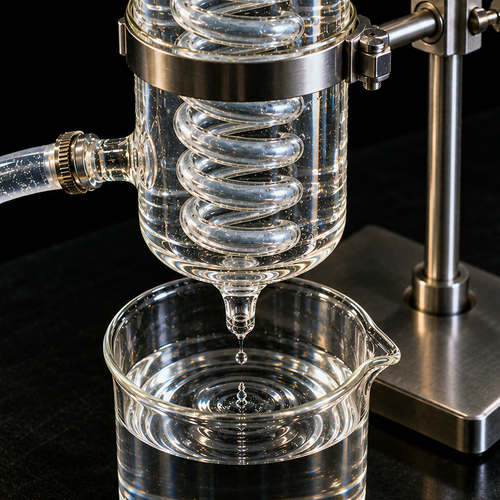 Glass spiral condenser supported by a stainless-steel retort stand dispensing clear hydrosol into an unmarked borosilicate beaker