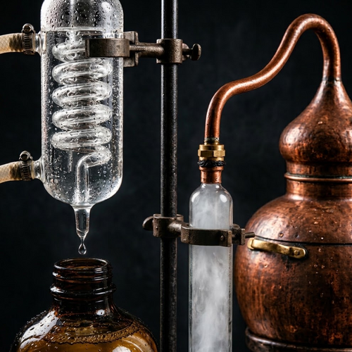 Orange blossom hydrosol steam distillation with copper still and glass condenser