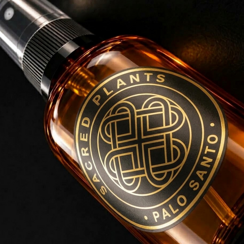 Close-up studio photograph of an amber Palo Santo spray bottle lying diagonally on a black surface, with a circular black Sacred Plants Australia label and reflective gold design.