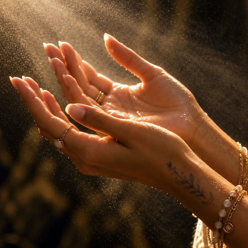 Close-up studio image of cupped hands with gold rings and bracelets surrounded by a backlit fine mist against a dark background.
