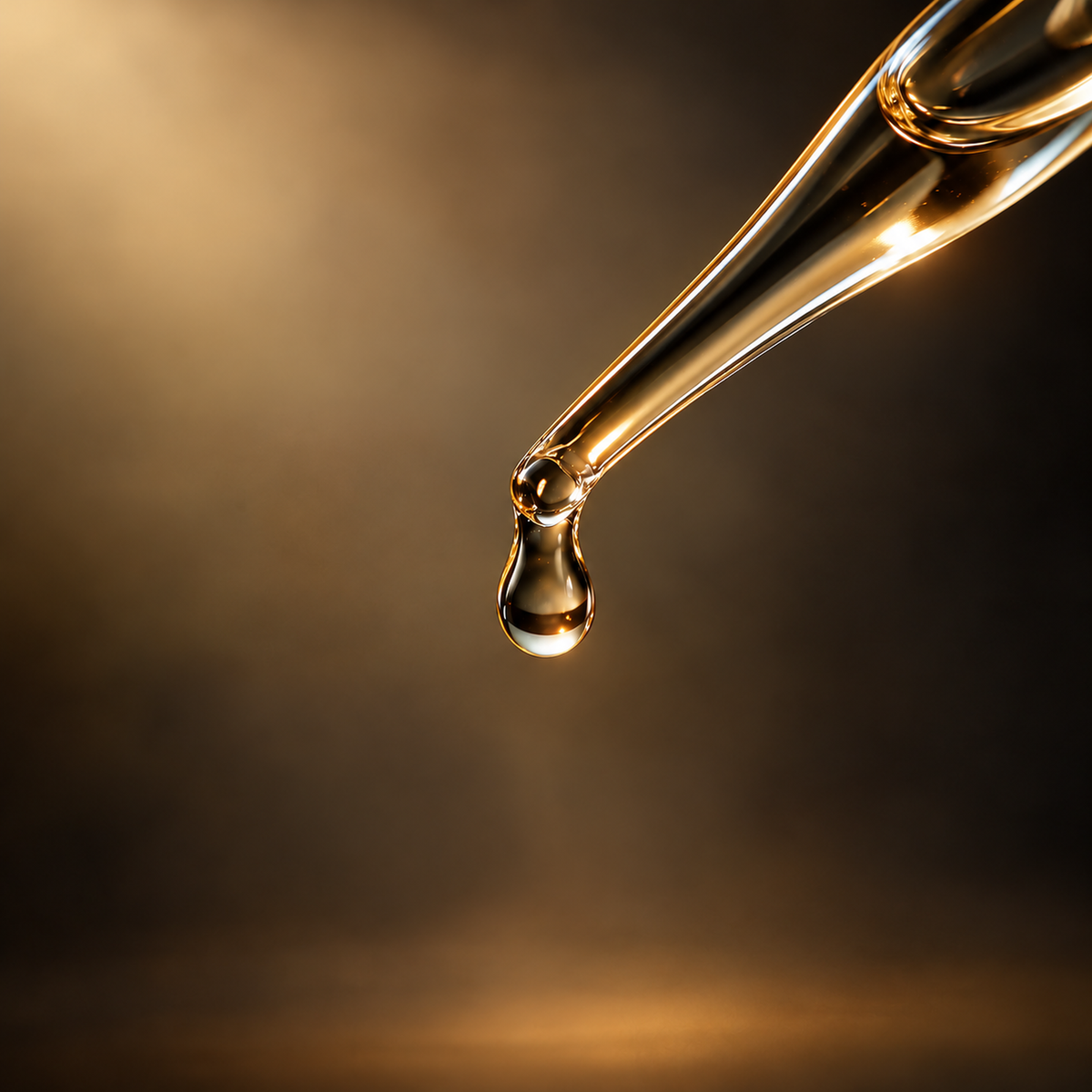 Ultra-macro view of a clear glass pipette with one suspended droplet against a warm sand and smoky taupe studio background