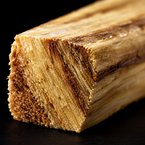 Extreme macro photograph of the fibrous split end of a pale Palo Santo wood stick with darker brown grain on a black background.