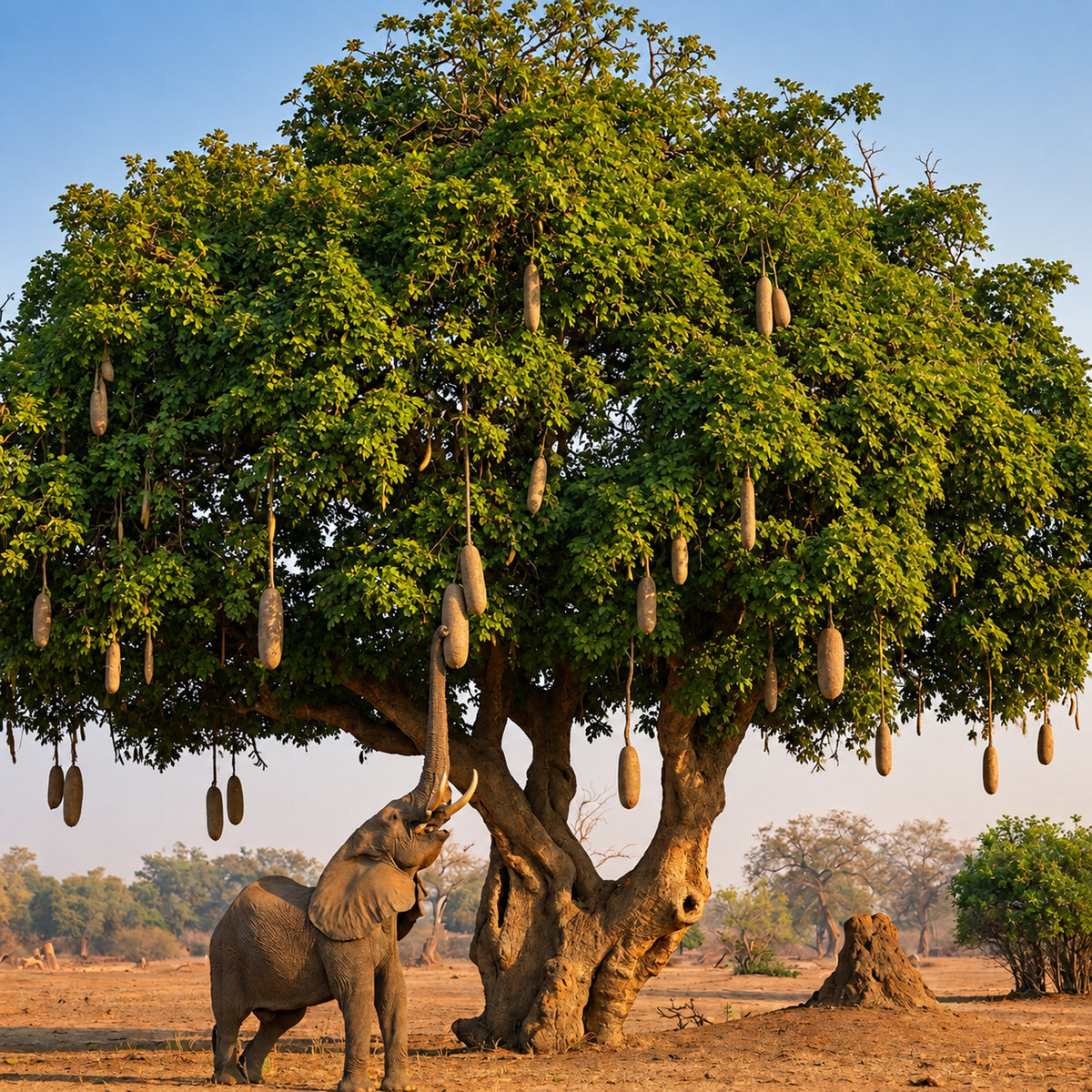 Mature African Sausage Tree (Kigelia africana) with hanging fruits and an elephant beneath the canopy