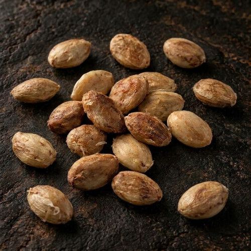 Close-up of African Sausage Tree seeds (Kigelia africana) on dark stone showing natural colour, shape and texture