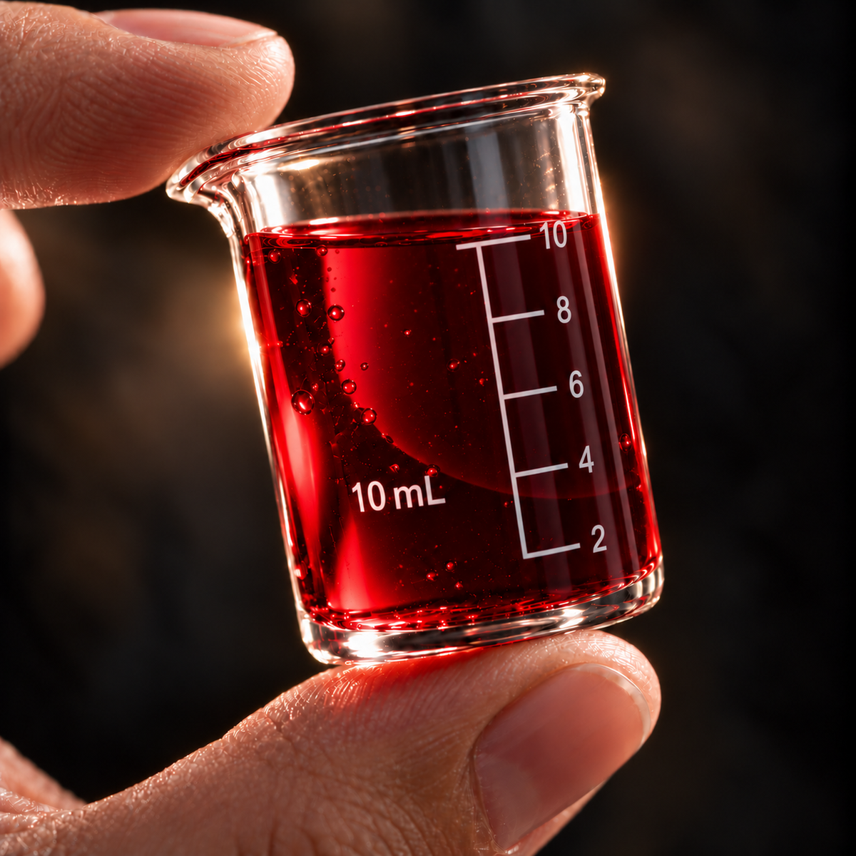 Ultra-macro of vivid crimson Sangre de Grado sap from Croton lechleri in a backlit 10 mL glass laboratory beaker held between fingertips
