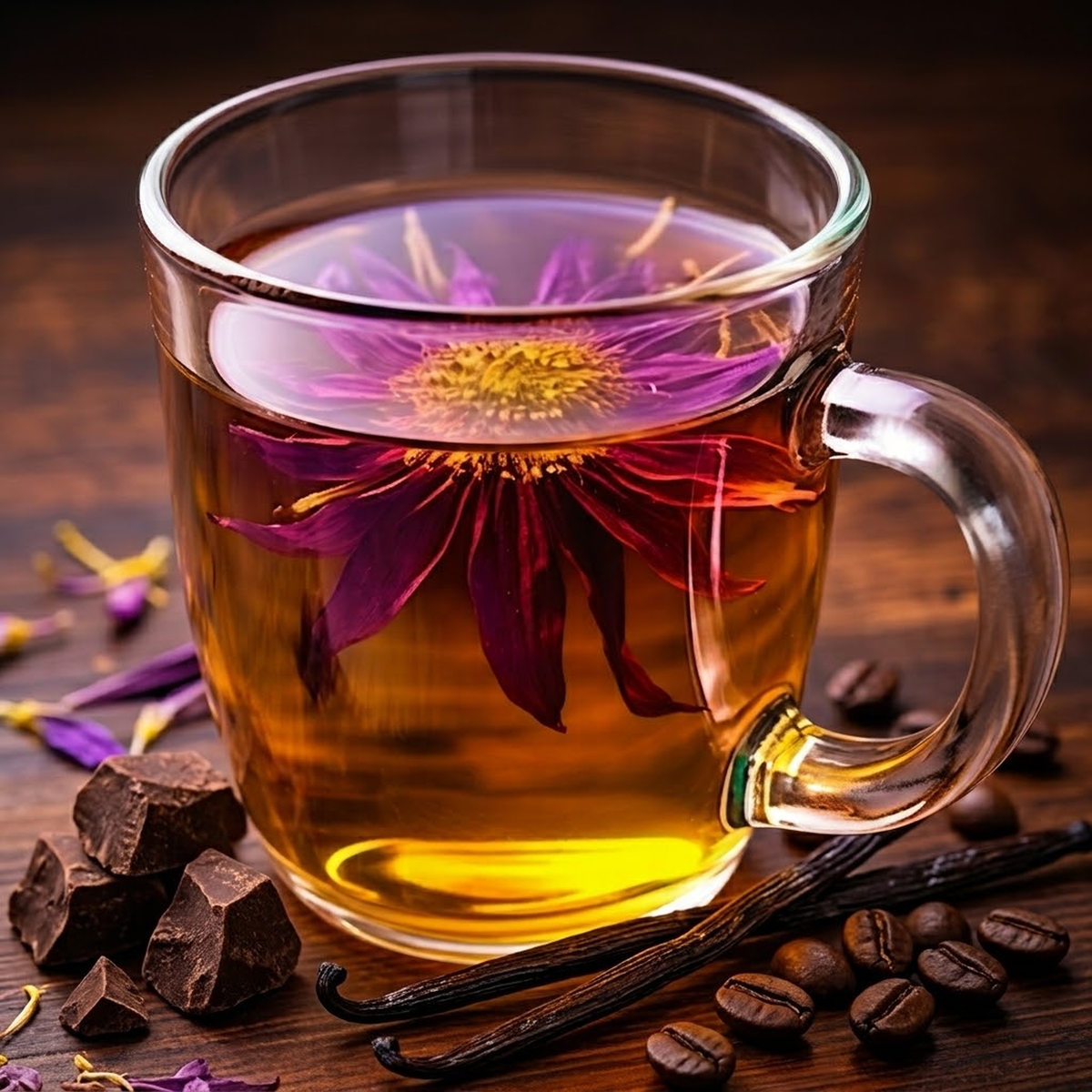Blue lotus flower tea with coffee beans, ceremonial cacao and vanilla for the Herbal Teas & Elixirs collection