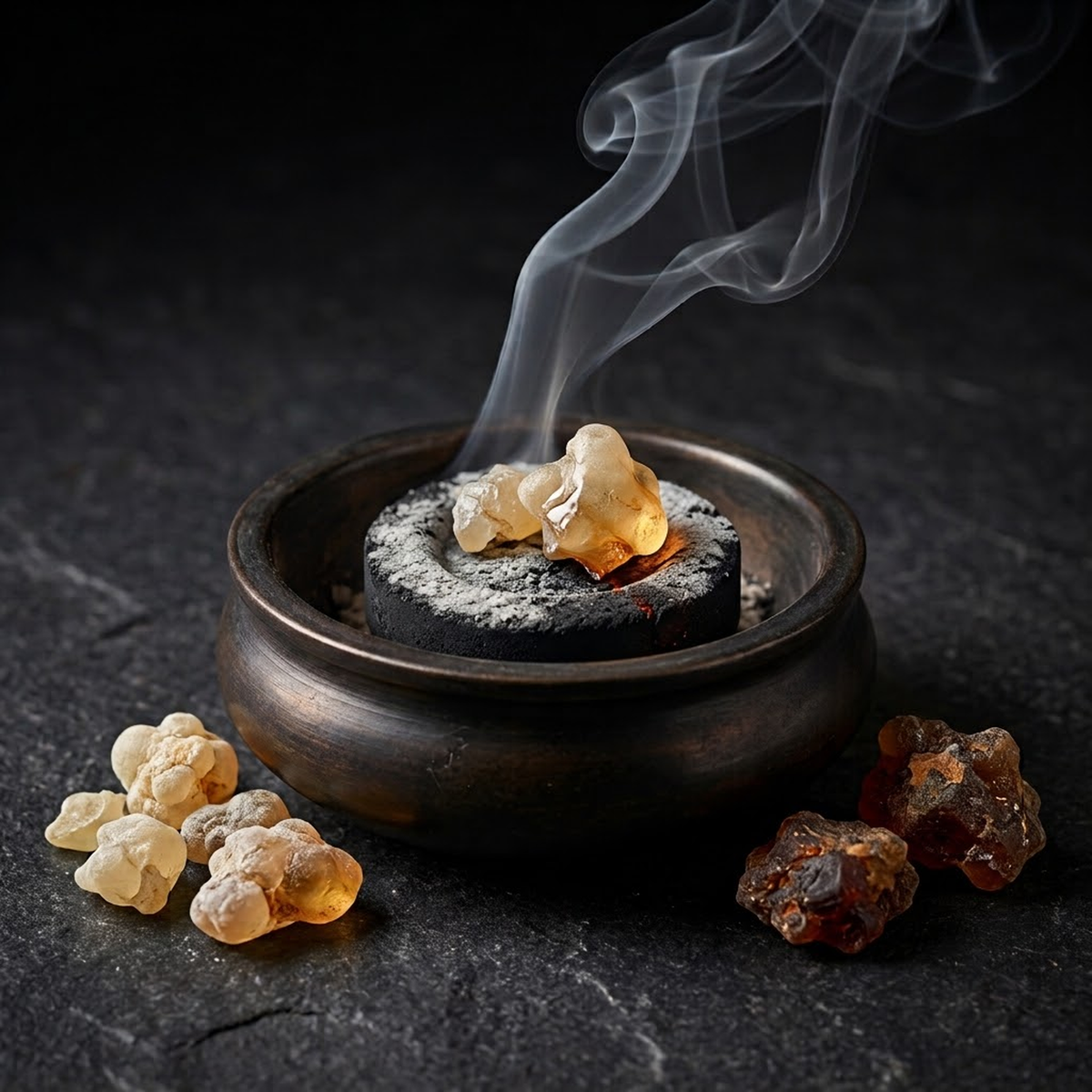 Frankincense resin burning on a charcoal disc for the Incense & Resins collection