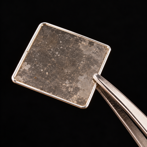 Japanese 20 mm square mica incense heating plate held at the silver-edged rim with stainless steel tweezers against a black studio background