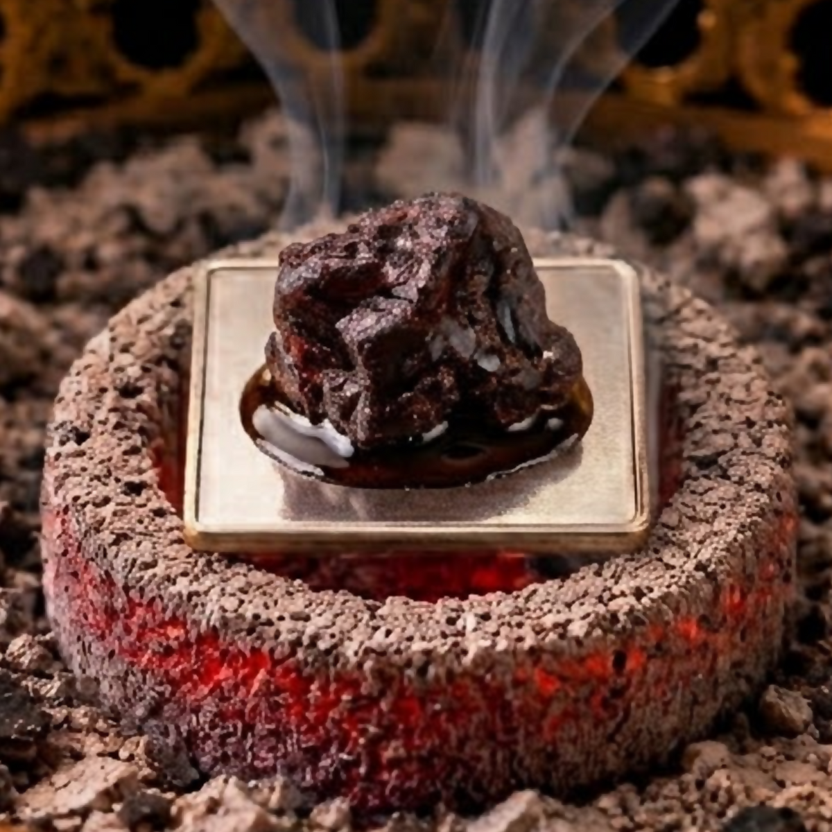 Extreme macro of Dragon's Blood resin gently melting on a Japanese mica incense heating plate above partially burned charcoal in an ornate gold censer