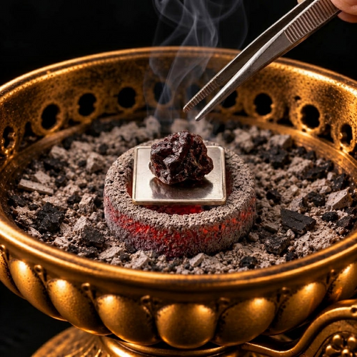 Dragon's Blood resin resting on square Japanese mica incense heating plate above a partially burned 35 mm charcoal disc in an ornate gold censer