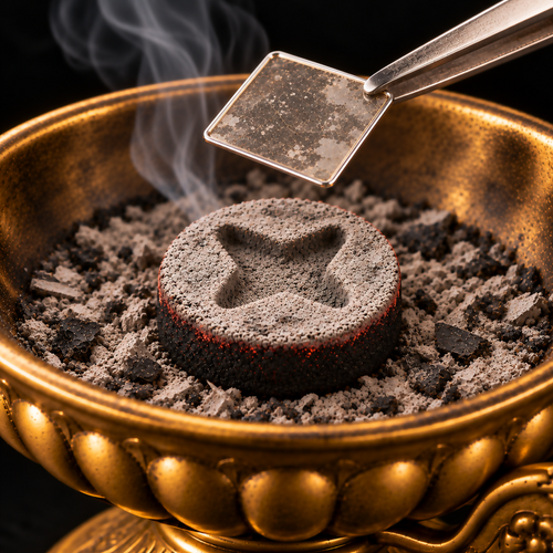 Japanese 20 mm mica incense heating plate held in stainless steel tweezers above a fully ashed 35 mm charcoal disc in an ornate gold censer