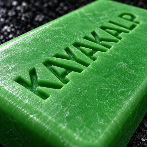 Sacred Plants Australia Kayakalp Ayurvedic coconut oil soap, ultra-macro low-angle close-up of recessed KAYAKALP letters on green bar