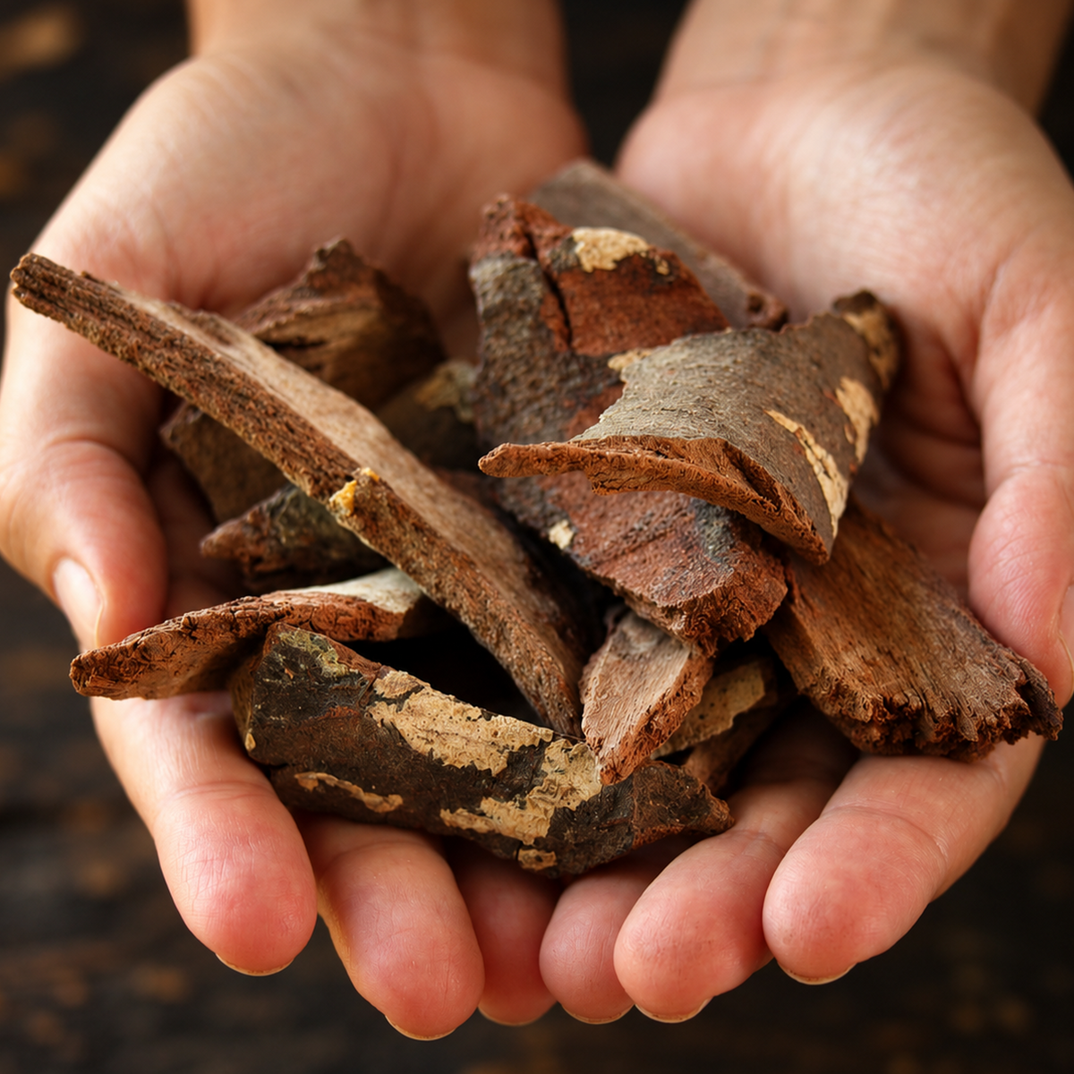 Chuchuhuasi Maytenus laevis bark held in hands over dark blurred background