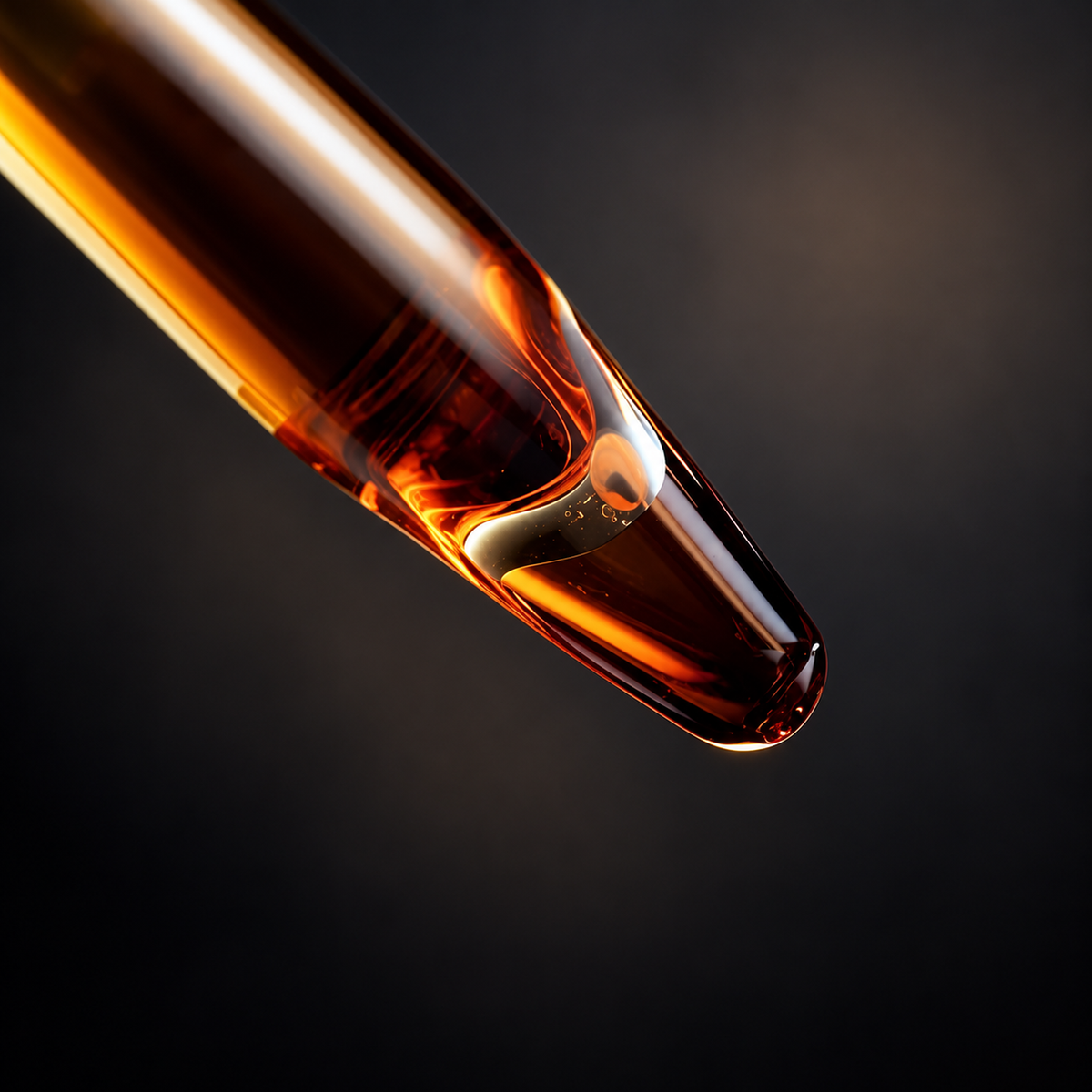 Dark reddish-brown Chuchuhuasi extract in a glass pipette