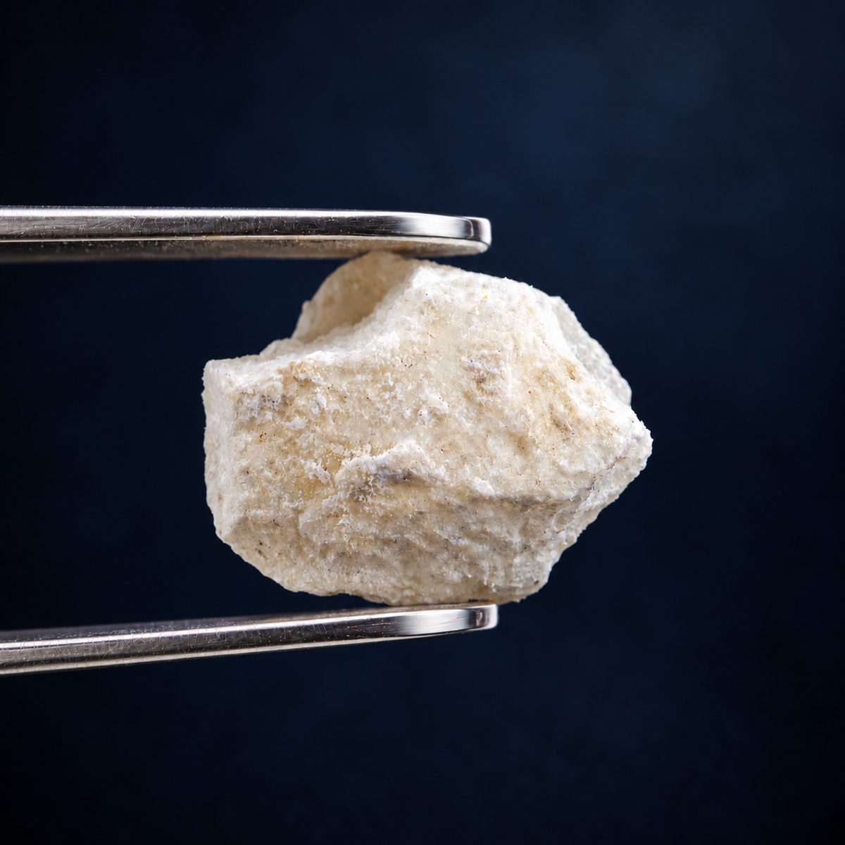 Mexican White Copal Resin from Bursera bipinnata held in stainless steel tweezers against a dark navy studio background