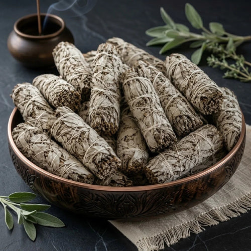 Mexican White Sage smudge sticks arranged in a copper bowl
