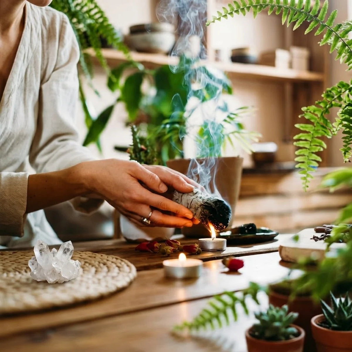 Hand holding a smouldering Mexican White Sage smudge stick indoors