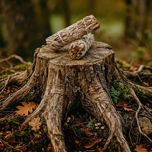 Mexican White Sage smudge sticks resting on a weathered tree stump