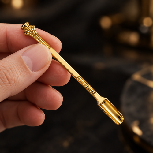 Gold Micro Lab Spoon held between fingertips against dark softly blurred background