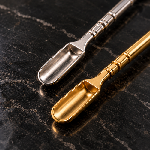 Close-up of matching silver and gold Micro Lab Spoon scoops on dark marble
