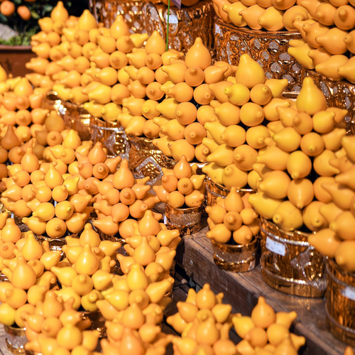 Golden Nipple Fruit, Solanum mammosum, displayed as an ornamental Lunar New Year fruit