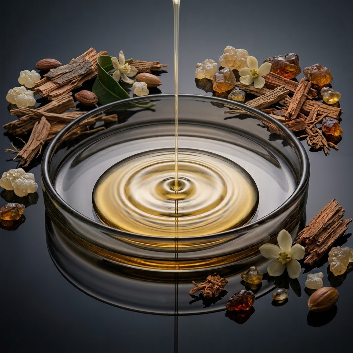 Golden botanical oil surrounded by aromatic leaves, bark and resins for the Oils & Aromatics collection