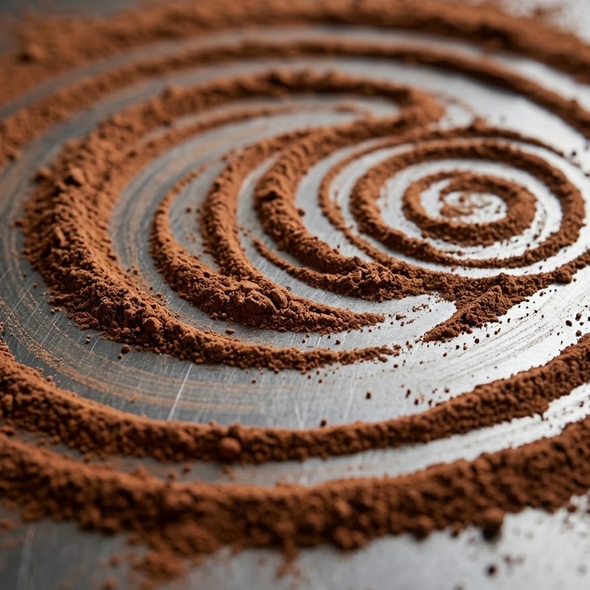 Artistic macro photograph of fine Peruvian Chuchuhuasi bark powder arranged in a spiral on brushed stainless steel