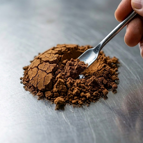 Macro photograph of a stainless steel spoon moving Peruvian Chuchuhuasi bark powder on a stainless steel surface