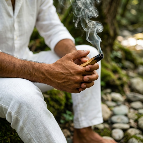 Hand holding a smouldering Peruvian Palo Santo stick outdoors