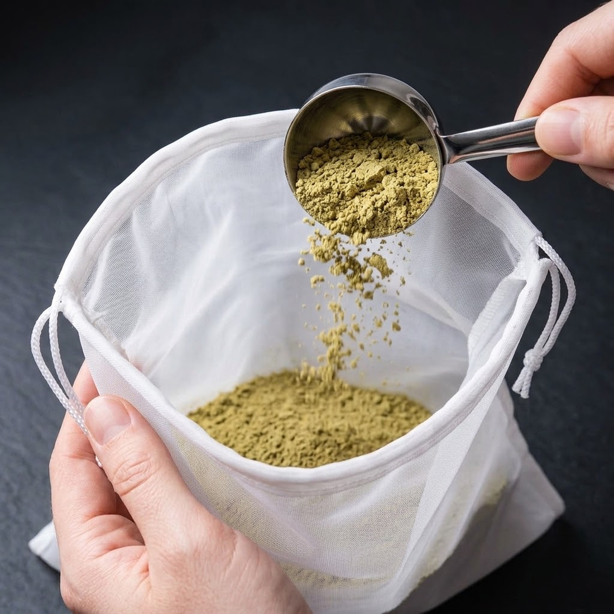Ground Piper methysticum kava root powder being added with a stainless-steel scoop to a white nylon kava strainer bag.