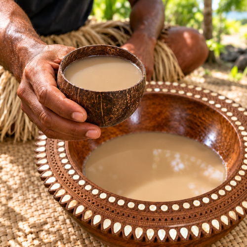A man holding a coconut-shell cup of finished tan kava above a carved wooden tanoa with mother-of-pearl inlay, with prepared kava remaining in the bowl.