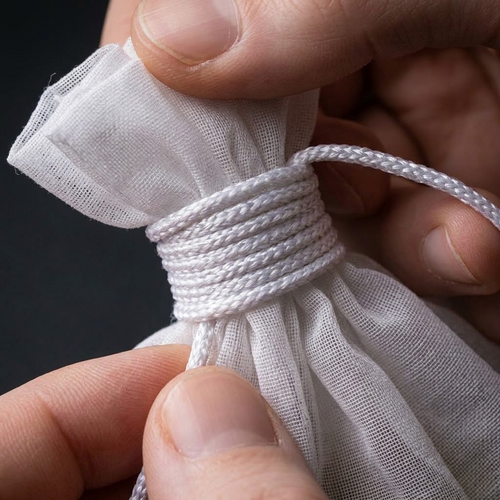 Close-up of a white nylon kava strainer bag gathered securely at the neck with a wrapped drawstring cord.