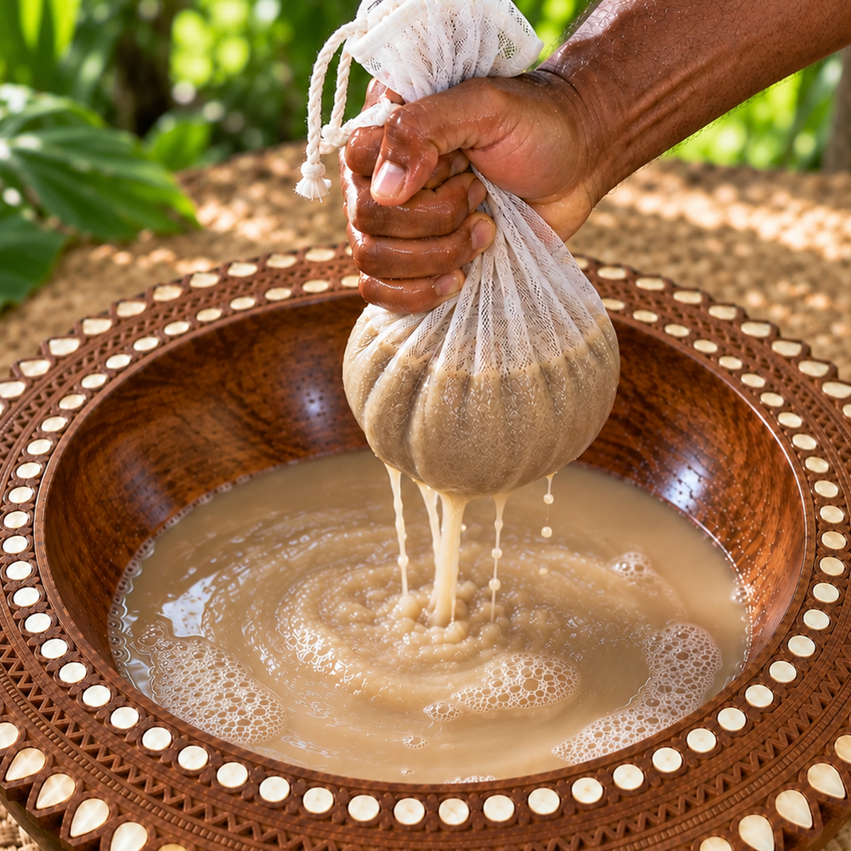 Hand squeezing a fine-mesh kava strainer bag over a round carved wooden tanoa during traditional kava preparation.