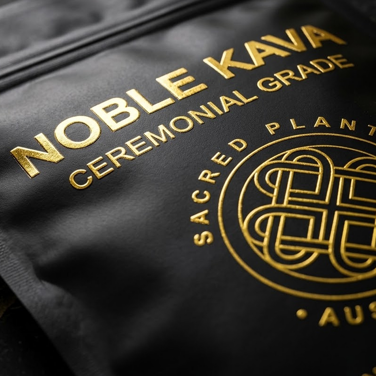 Black Vanuatu Noble Kava ceremonial grade product packet with gold lettering and Sacred Plants Australia emblem